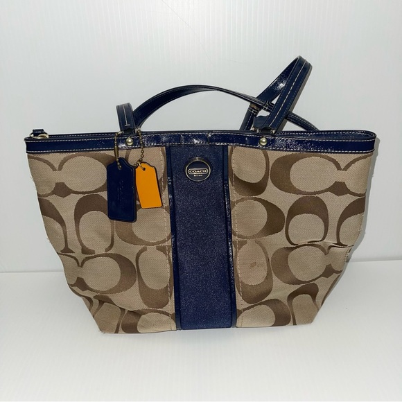 Coach Brown and Navy Signature Tote - Picture 1 of 14